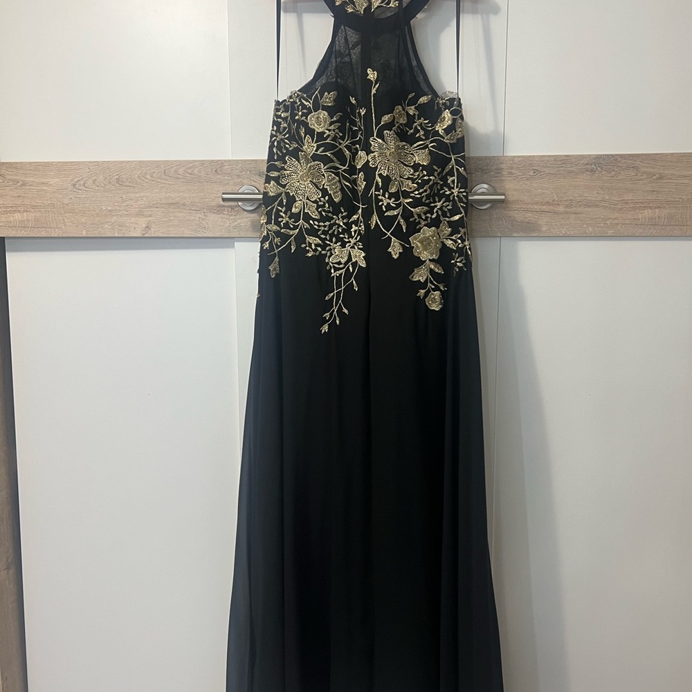 Betsy & Adam Black Maxi Dress with Gold Floral Design